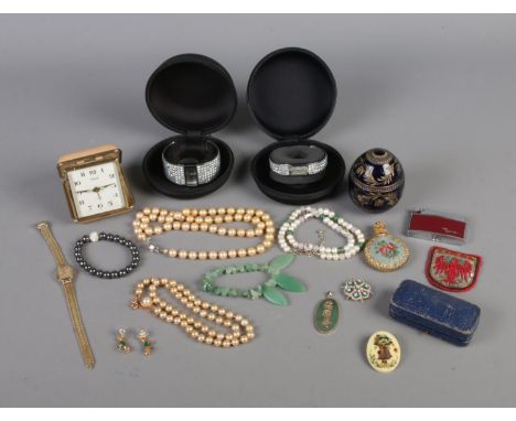 A collection of costume jewellery and collectables to include simulated pearl necklaces, Ribbon lighter, ladies Rotary wristw
