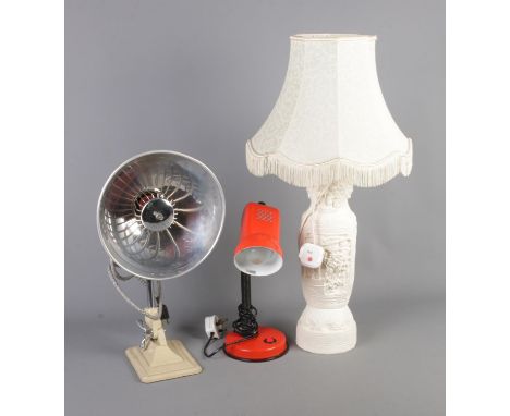 Three lamp including boxed Pifco Infra-red heat lamp and goose neck example.  