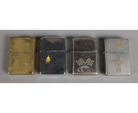 Four Zippo lighters, including brass and racehorse examples.  