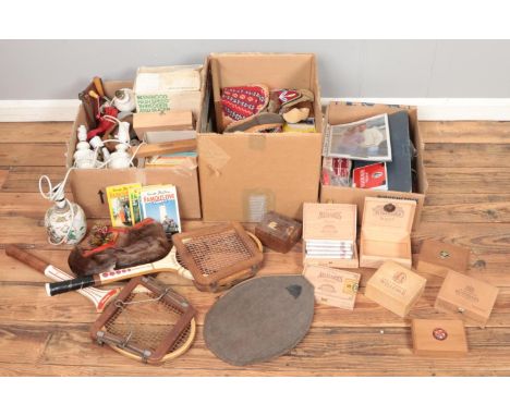 Three boxes of miscellaneous. Includes oriental table lamp, empty cigar boxes, knitting equipment, cast iron horse shoes, Eni