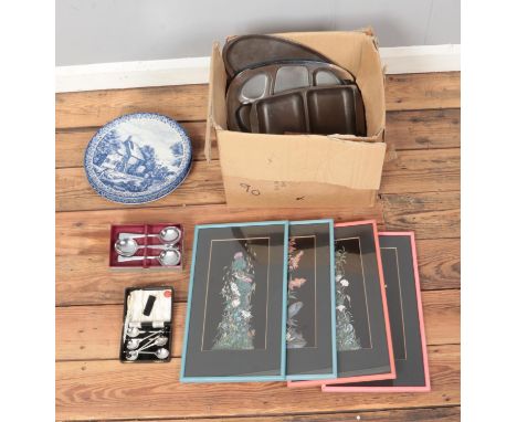 A box of miscellaneous to include EPNS cutlery, Colclough tea set, Delfts blue plates, etc.  