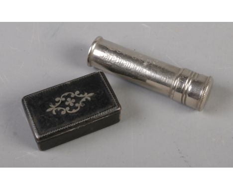 A small Georgian papier mache snuff box along with a white metal Genasprin pill tube.  
