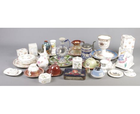 A box of miscellaneous. Includes Royal Worcester goblet, crested ware, Dresden bird, Wedgwood Ronson lighter, German jug and 