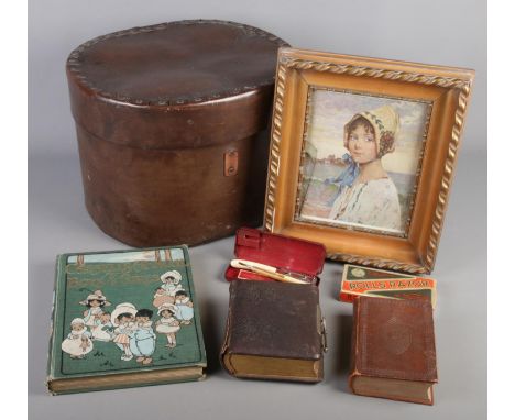 A small quantity of miscellaneous. Includes hat box, razor sets, gilt framed print of a young girl, etc.  
