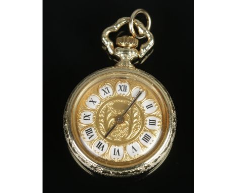 A miniature 14ct Gold Swiss manual wind fob watch, stamped 585 and with squirrel mark to case. 17 jewel movement and Roman Nu