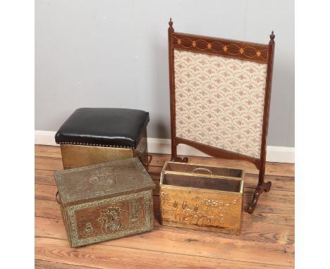 A collection of brassware to include ash box and magazine rack along with tapestry fire screen.  