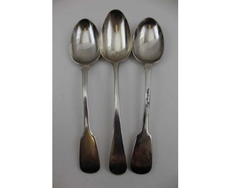 CHARLES BOYTON, A PAIR OF LATE WILLIAM IV SILVER TABLE / SOUP SPOONS, fiddle pattern, London 1836, handle terminals monogramm