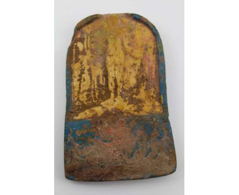 A EYGPTIAN FAIENCE MAGIC PLAQUE, depicts a standing Goddess, yellow and blue arched top, tablet form, possibly Ancient, 4th c