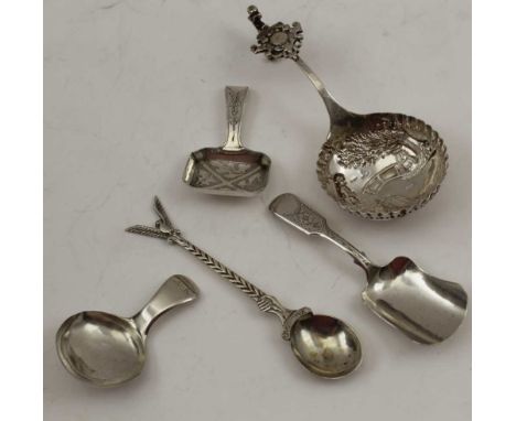 A DUTCH SILVER LADLE, embossed canal scene bowl, cast squirrel terminal handle, a fiddle handle caddy spoon, Glasgow 1851, tw