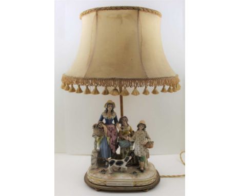 A CONTINENTAL CERAMIC FIGURATIVE TABLE LAMP, 'Marchande de Primeroses', a lady with two children and a dog, on gilt metal bas