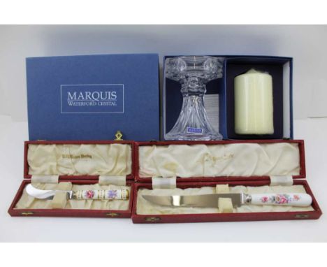 A WATERFORD CRYSTAL MARQUIS CANDLE HOLDER, 13.5cm high, with candle in presentation box, together with a Royal Crown Derby ce