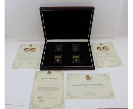 A CASED LIMITED EDITION SOVEREIGN COLLECTION, opens to reveal four individually packaged 22ct gold coins, a double sovereign,