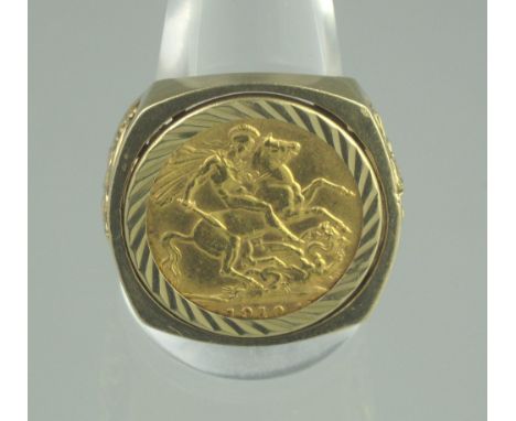 EDWARD VII SOVEREIGN 1910, in pierced 9ct gold ring mount with equestrian groups to the shank.  22mm sq. approx.  16.9g.(B.P.