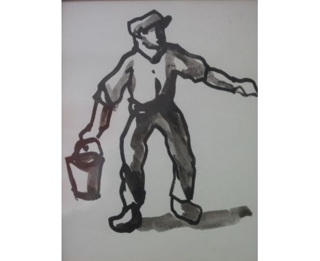 SIR JOHN 'KYFFIN' WILLIAMS, (Welsh, 1918-2006), full length portrait study of a farmer with bucket, black ink and wash, unsig