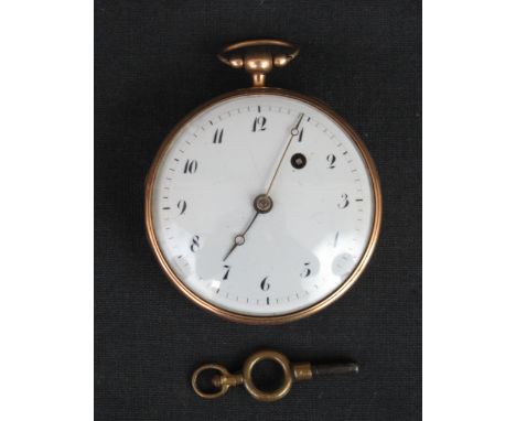 19TH CENTURY OPEN FACED, KEY WIND, GOLD POCKET WATCH with enamel face, having Arabic numerals.  48mm diameter, gilded leather