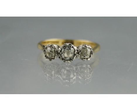 18CT GOLD THREE STONE DIAMOND RING.  Ring size N&1/2.(B.P. 24% incl. VAT)