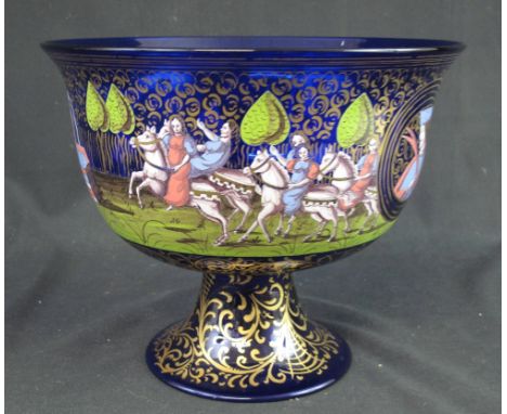 GILDED AND HAND PAINTED BLUE GLASS PEDESTAL BOWL decorated in 16th Century style with reserved portrait vignettes of a lady a
