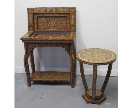 LATE 19TH CENTURY MOORISH STRAIGHT FRONTED FOLD OVER BACKGAMMON TABLE overall copiously inlaid, banded and decorated with geo