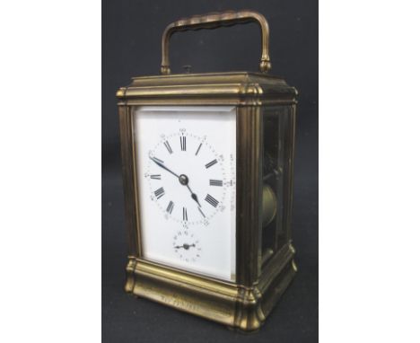 19TH CENTURY FRENCH TWO TRAIN, REPEAT STRIKING, PRESENTATION BRASS CARRIAGE CLOCK, having full depth enamel face with Roman n