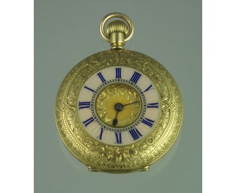 18CT GOLD AND ENAMEL FANCY ENGRAVED HALF HUNTER FOB WATCH, having enamelled Roman chapter ring to the outer case, engine turn