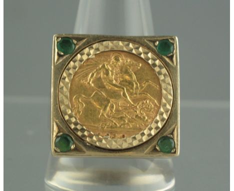 EDWARD VII GOLD HALF SOVEREIGN 1910, set in heavy gentleman's ring with square setting, having small emeralds to each corner.