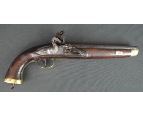 EARLY 19TH CENTURY BELGIAN FLINTLOCK MUZZLE LOADING, SEA SERVICE PISTOL, having 23cm steel barrel, overall 40cm long, the act