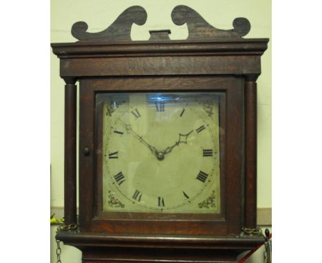 LATE 18TH CENTURY OAK THIRTY HOUR COTTAGE LONG CASE CLOCK, having later broken pediment above square aperture flanked by turn