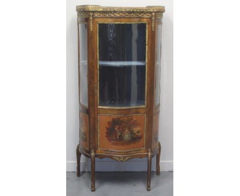 FRENCH STYLE VERNIS MARTIN TYPE SERPENTINE FRONTED, GILT METAL MOUNTED VITRINE, having red veined marble top with gallery abo