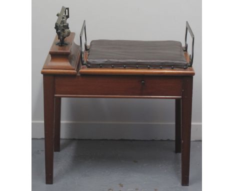 SET OF MID 20TH CENTURY MAHOGANY JOCKEY SCALES with sliding scale mechanism, American cloth seat and square tapering legs.  6