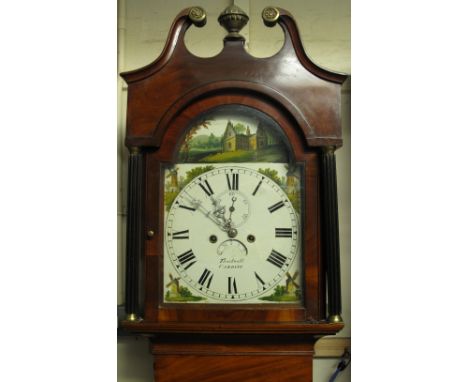 19TH CENTURY WELSH MAHOGANY EIGHT DAY LONG CASE CLOCK, having broken swan neck pediment with brass finial above arched apertu