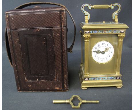 LATE 19TH/EARLY 20TH CENTURY FRENCH CHAMPLEVE ENAMEL DECORATED, TWO TRAIN, STRIKING CARRIAGE CLOCK, the case with bands of bl