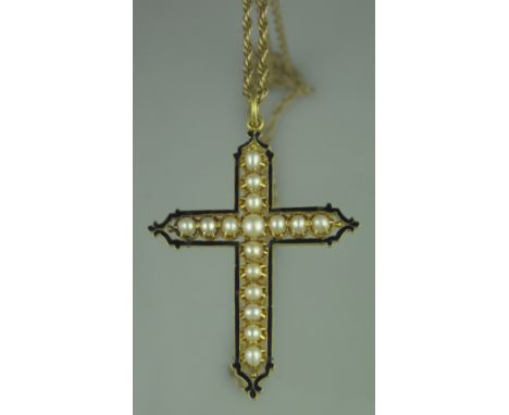 YELLOW METAL LARGE CROSS PENDANT set with pearls and edged in blue enamel, 62 x 49mm, on a 9ct gold chain, weight in total ap