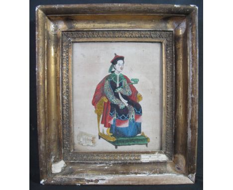 CHINESE SCHOOL, a portrait of a Manchu court official in full robes, seated on a dragon carved throne.  Watercolours on pith 