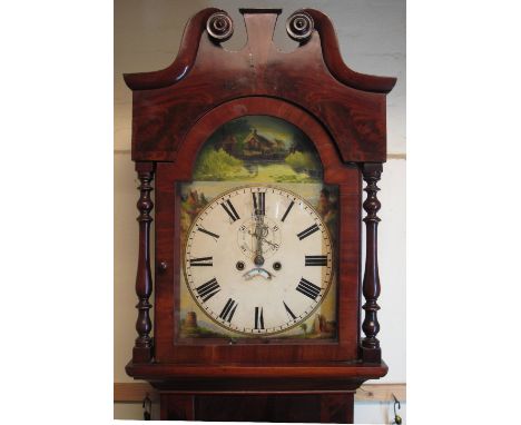 VICTORIAN MAHOGANY EIGHT DAY LONG CASE CLOCK, having broken swan neck pediment above arched aperture, flanked by baluster tur