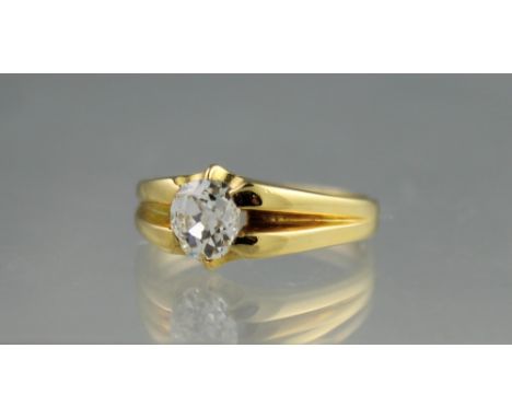 18CT GOLD GYPSY SET DIAMOND SOLITAIRE RING.  Oval old cut diamond.  Ring size P.(B.P. 24% incl. VAT)   CONDITION REPORT:  Est