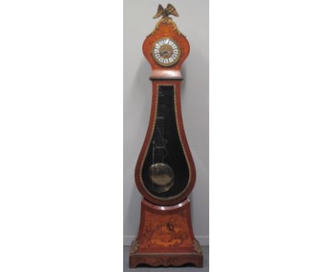 CONTINENTAL STYLE THREE TRAIN MARQUETRY LONG CASE CLOCK, having gilt metal eagle pediment over circular face with enamel Roma