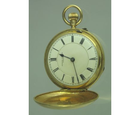 SMALL 18CT GOLD HUNTER POCKET WATCH, having enamel face with Roman numerals, marked: Joseph French, London, and engraved to t