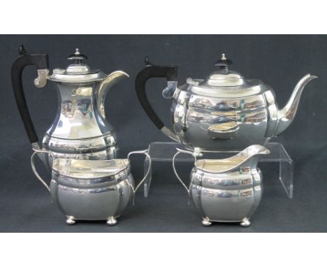 FOUR PIECE SILVER MATCHED TEA AND COFFEE SET comprising: teapot; coffee pot; twin handled sucrier and cream jug, all raised o