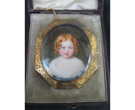 19TH CENTURY BRITISH SCHOOL, portrait of a young girl with blond ringlets, on ivory, within engraved pinchbeck frame, 43 x 37