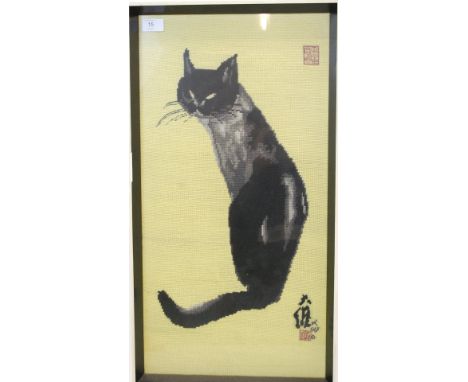 An Oriental tapestry work of a black cat H65xW32cm