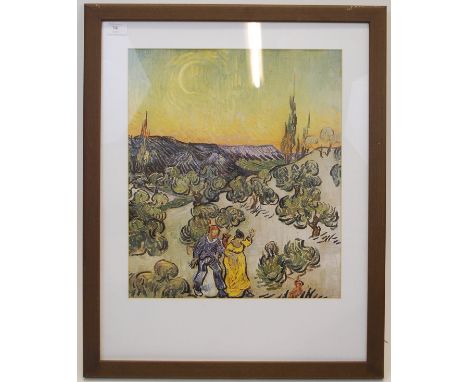 Oil painting of Van Gogh style depicting a ' couple walking through a sunset ' framed and glazed H46 W38cm