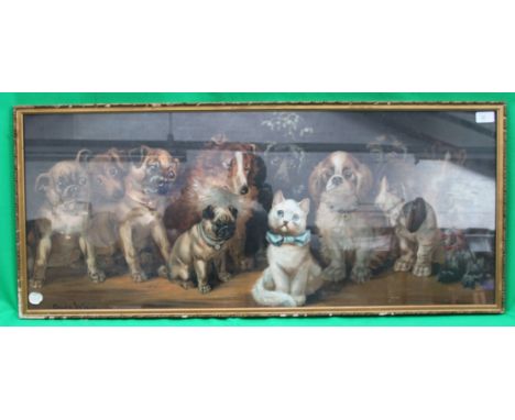 Lithograph print of dogs and cat by Louis Wain framed and glazed H40 W97cm

Cost of postage and packaging is £15.99 plus VAT 