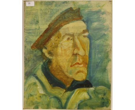 AUDREY LEWIS HOPKINS: an oil on board portrait of a man distancing signed to verso H52xW40