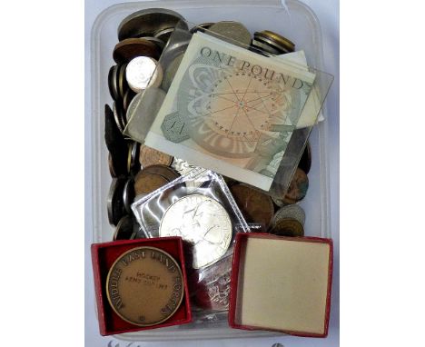 Tokens + Coins - small mixed lot including tin tokens 2d to 2/-, 1921 Morgan dollar Army Cup medal, D-Day 50p modern crowns(1