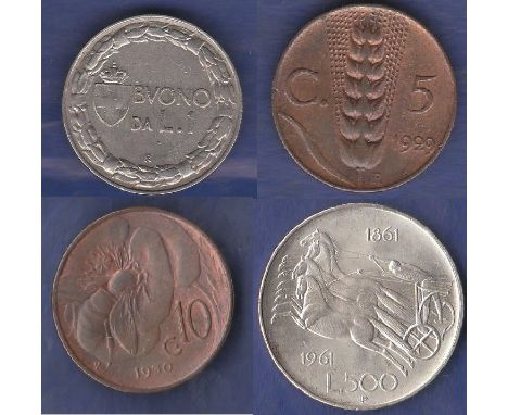 Italy 1924R Lira KM62 VF+ -Italy 1929(R) 5 Centesimi KM59 EF+-Italy 1930(R) 10 Centesimi KM60 EF+-Italy 1961R 500 Lire  Ref K