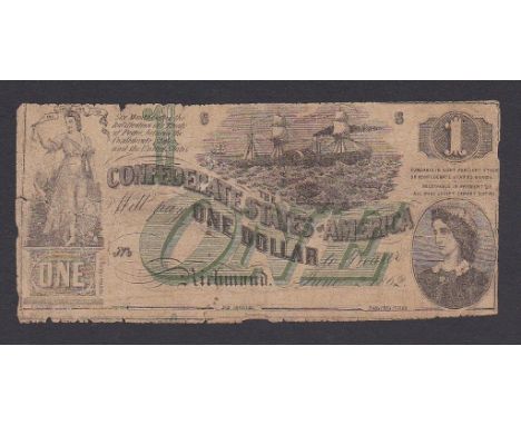 1862 One Dollar, Richmond, Lucy H Pickens (The first note to have a portrait of a woman), steamship at sea, unissued note, T4