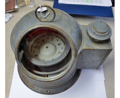 An Edwardian ships painted brass binnacle gimbal wet compass, in binnacle housing, the side fitted with a small spirit burner