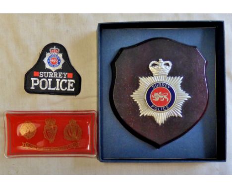 British Police Commemorative items including a EIIR Surrey Police plaque made by Jeeves Badge Division in its original box of