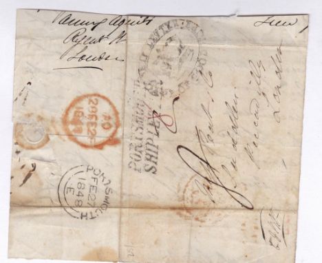 Ship letter 1848-Front Cape of Good Hope to London with Cape of Good Hope ship letter and SL Portsmouth/ship letter, m/s '8' 