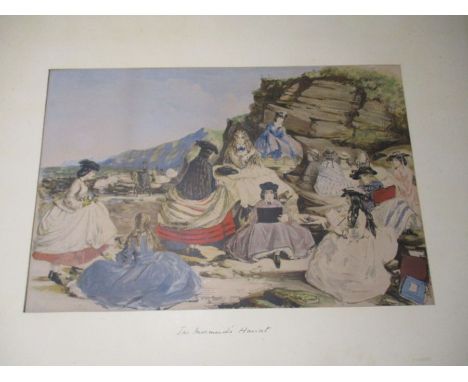 Unframed coloured lithograph after John Leech (1817-1864) The Mermaid`s Haunt depicting ladies fossil hunting and drawing, pu